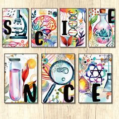 four art pieces with the words science on them and various items in front of them