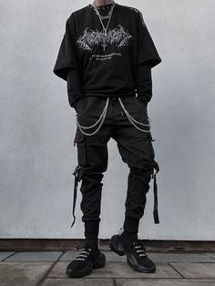 Gothic Casual Outfits Men, Gothic Wear For Men, Gothic Outfit Ideas Men, Alt Fashion Men Grunge, Gothic Grunge Outfits Men, Emo Techwear Outfits, Mens Techwear Outfit, Gothic Clothes For Men, Confident Male Poses Reference