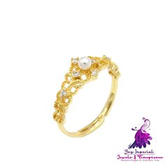 Gold-plated Antique Hollow Ring Adjustable Open Pearl Ring For Formal Occasions, Metal Toe Ring Crystal Wedding Ring, Elegant Open Ring Metal Flower Ring, Metal Stackable Open Rings For Wedding, Open Ring Metal Midi Rings For Wedding, Adjustable Metal Crystal Ring For Wedding, Elegant Pearl Open Ring In Metal, Elegant Metal Pearl Open Ring, Elegant Open Metal Pearl Ring