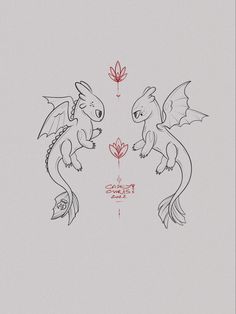 two dragon are facing each other with red flowers in their beaks on the left side