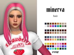 a woman with pink hair wearing a white t - shirt that says strawberry milkshake