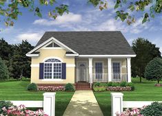 this is a computer rendering of the front elevation of a house with porches and landscaping