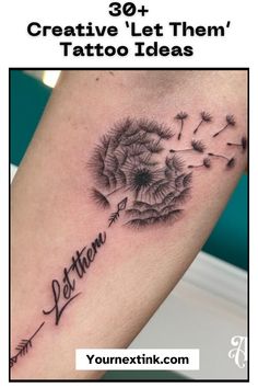 a black and white photo with the words tattoo ideas on it's arm, next to a dandelion