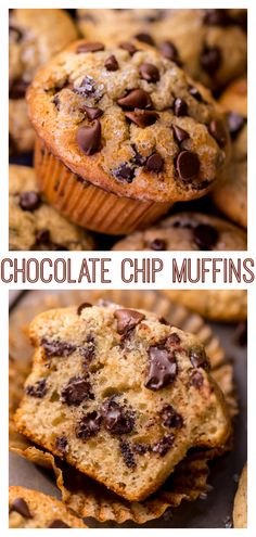 chocolate chip muffins stacked on top of each other with the words chocolate chip muffins above them