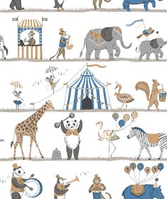 Circus Blue/Brown Wallpaper from the Just 4 Kids 2 Collection by Galerie Wallcoverings Circus Nursery, Circus Wallpaper, Kindergarten Wallpaper, Circus Animals, W Wallpaper, Play Spaces, Diy Wallpaper, Wallpaper Rolls, Circus Theme