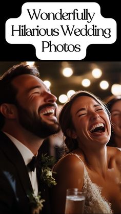 A bride and groom laughing during a funny moment at their wedding, surrounded by smiling guests, capturing the joyful and light-hearted side of the celebration. Thank You Wedding Photo, Pictures To Take At Your Wedding, Silly Wedding Photos Bride And Groom, Pre Wedding Shoot Ideas Funny, Funny Wedding Photo Ideas, Must Do Wedding Photos, Unposed Wedding Photos, Pictures To Take At Wedding, Funny Wedding Pics