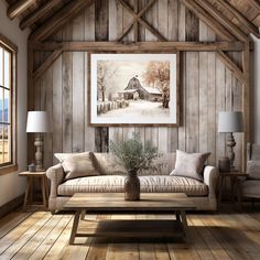 a living room with wood paneling and a painting on the wall above the couch