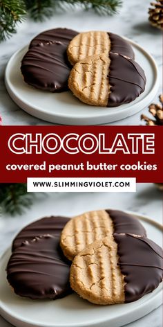 two chocolate covered peanut butter cookies on a white plate with pine cones in the background