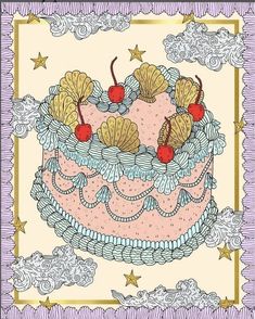 a pink cake with cherries on top and gold trimmings, surrounded by clouds