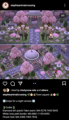 the screenshot shows an aerial view of a garden with pink flowers and greenery