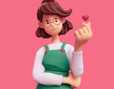 a woman in an apron holding a heart shaped object with her hand and wearing glasses