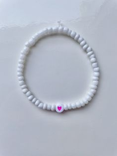 Trendy White Beaded Bracelet For Birthday, White Handmade Beads, White Heart Beads Jewelry For Birthday, White Letter Beads Necklace For Friendship, Dainty White Round Beads Stretch Bracelet, White Heishi Beads Jewelry For Gift, Cute White Beads As Gift, Cute White Beads For Gifts, Cute White Beaded Necklaces With Letter Beads