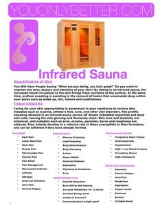 an advertisement for the infrared sauna is shown in purple and pink colors, with information about