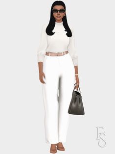 a woman in white pants and heels holding a handbag with her right hand on her hip