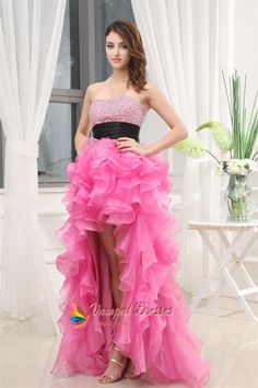 Pink High Low Prom Dress, High Low Dresses For Pageants  $172 Pink Dresses Long, Neon Pink Dresses, High Low Prom Dress, Ruffle Prom Dress, High Low Prom Dresses, Cute Wedding Dress, Pink Prom, Short Bridesmaid Dresses, Pink Prom Dresses