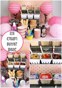 an ice cream buffet table with pink and white striped paper lanterns, cupcakes, candy bars, and more