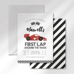 the first lap around the track race car birthday party invitation is shown in black and white stripes