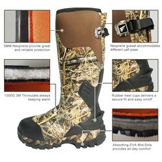 outEssential Gear for Hunters: Our Camo Hunting Boots are indispensable for outdoor enthusiasts who love hunting. Featuring popular NEXT Camo, these boots help hunters blend into their surroundings effortlessly. With a shaft measuring approximately 17'' from the arch, these waterproof and durable Muck Mud Boots ensure feet stay warm and protected during fishing, camping, riding, hunting, and snowing adventures. Let our hunting boots be your trusted companion. Warmth and Breathability: Insulated Functional Waterproof Boots For Hunting, Durable Waterproof Hunting Boots, Insulated Gore-tex Waterproof Hunting Boots, Gore-tex Waterproof Boots With Reinforced Toe For Hunting, Insulated Gore-tex Waterproof Boots For Hunting, Mud Boots, Outdoor Hunting, Hunting Boots, Rubber Boots