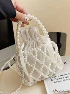 BirdinBag - Pearl-Beaded Mini Tote Bag: Elegant Crossbody for Womens Accessories Everyday Beaded Bucket Bag, Beaded Beige Pouch Bag, Beige Beaded Shoulder Bag, Handheld Beaded Beige Bag, Beaded Shoulder Bag For Shopping, Crossbody Phone Bag, Pearl Bag, Bag Elegant, Mini Tote Bag