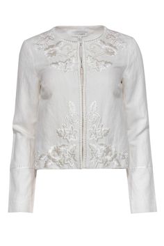 Current Boutique-Intermix - White Linen Blend Floral Embroidered Jacket Sz P Winter White Outerwear With Floral Embroidery, White Floral Embroidered Winter Outerwear, Embroidered Cream Outerwear For Spring, Elegant Summer Wedding Outerwear, Elegant White Embroidered Outerwear, Spring Fitted Outerwear With Intricate Embroidery, Fitted Spring Outerwear With Intricate Embroidery, Chic Summer Wedding Outerwear, Elegant Floral Embroidered Outerwear For Spring