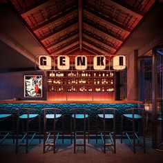 a dimly lit bar with blue stools in the foreground and neon lights on the back wall