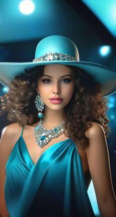 a woman in a blue dress and hat with jewels on her neck is posing for the camera