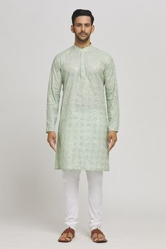 Sea green cotton kurta with sequins and thread embroidered geometric pattern. Comes with churidar. - Aza Fashions Pista Green Straight Kurta With Resham Embroidery, Pista Green Mulmul Straight Kurta, Unstitched Pista Green Mulmul Kurta, Green Semi-stitched Mulmul Kurta, Sea Green Kurta For Men, Men Kurta, Kurta Patterns, Cotton Kurta, Band Collar