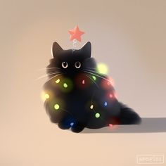 a black cat sitting on the ground wearing a light up christmas tree ornament