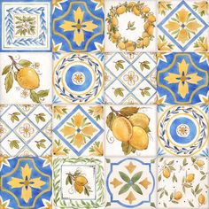 an artistic tile design with lemons and leaves