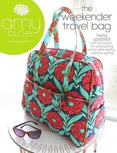 the weekender travel bag sewing pattern is on display with sunglasses and other things to sew