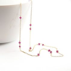 Pink Sapphire Necklace in 14k Gold Fill Wire Wrapped by aubepine, $54.00 Elegant Pink 14k Gold Filled Necklaces, Elegant Pink 14k Gold-filled Necklace, Elegant Pink 14k Gold Filled Necklace, Pink Briolette Ruby Jewelry, Sapphire Gold Necklace, Necklace Gemstone, September Birthstone, Sapphire Necklace, Layering Necklace