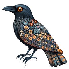 a drawing of a black bird with orange eyes