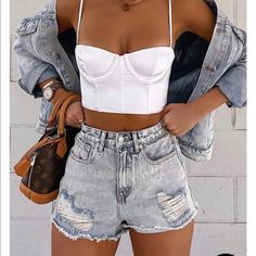 From Website: The On A Mission Denim Shorts In Washed Blue Are A Must Have For Any Wardrobe. These Shorts Are High Waisted With Belt Loops, Zipper & Button Closure At Front, Frayed Hem, 5 Pocket Design, Distressed Rip Detailing And Reflective Text Embroidery On Back Pocket. Complete The Look With A White Crop Top And Sneakers For A Cool Everyday Look. - 100% Cotton - Model Height 166cm - Mode Is A Size Xs & Is Wearing A Size Xs Trendy Outfits 2020, Text Embroidery, White Fox Boutique, Trendy Summer Outfits, Cardigan Outfits, High Waisted Shorts Denim, White Fox, White Crop, Outfits Summer