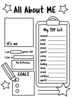 an all about me activity sheet for kids to practice their writing skills and spelling the words