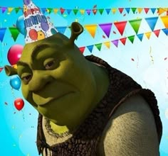 an animated character wearing a party hat and vest with balloons in the background stock photo