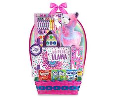 a pink llama basket filled with lots of toys