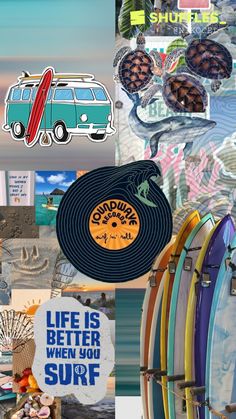 the collage shows surfboards, pictures and other items in different colors with an image of a vw bus on it