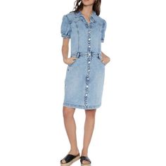 Brand New Without Tag Color: Tommie Blue Size: M Bust:20" Length:37" Waist:15.5" Across Hip: 20.5" Across Sleeves:10" A Modern Wash And Premium Stretch Denim Bring An Edgy Touch To This Puff-Sleeve Dress With A Classic Button-Up Front. Spread Collar Short Sleeves 95% Cotton, 3% Polyester, 2% Spandex Machine Wash, Tumble Dry Imported Denim Blue Chambray Knee-length Dress, Knee-length Denim Blue Chambray Dress, Light Wash Knee-length Denim Dress, Knee-length Light Wash Denim Dress, Denim Blue Chambray Dress, Denim Blue Knee-length Denim Dress For Day Out, Knee-length Chambray Dress With Pockets, Denim Blue Knee-length Dress For Day Out, Knee-length Denim Blue Dress For Day Out