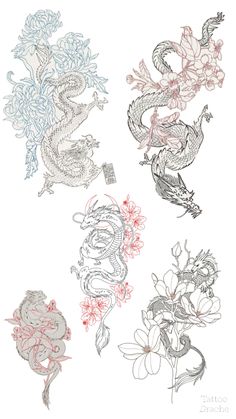 four chinese dragon and flower designs on white paper