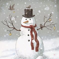 a snowman wearing a hat and scarf with two birds perched on his head in the snow