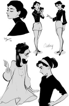 some black and white drawings of women in different poses, with one woman talking on the phone