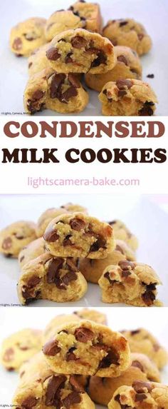 chocolate chip cookies stacked on top of each other with the words, condensed milk cookies