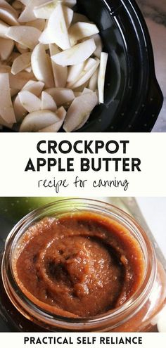 the recipe for crockpot apple butter is in a jar and on top of an empty