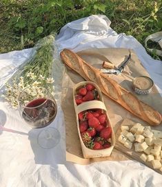 strawberries, cheese and bread on a picnic blanket with wine in the foreground