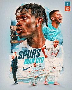 an image of two men playing soccer in front of a blue background with the words spurs man ut on it