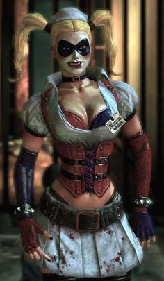 a woman dressed as harley from the video game batman ark