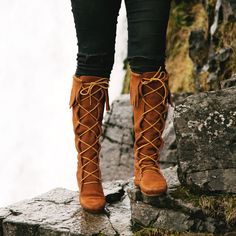 Celebrate_Woodstock's_50th_Anniversary_With_These_Rockin'_Favorites_|_Minnetonka_Moccasin | Minnetonka Moccasin Lace Knee High Boots, Pink Cowboy Boots, Open Toe Boots, Brown Leather Flats, Boho Boots, Black High Boots, Moccasin Boots, Leather Heeled Boots, Fringe Boots