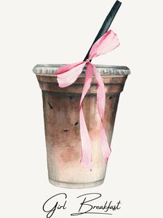 a watercolor painting of a cup with a pink ribbon tied around it