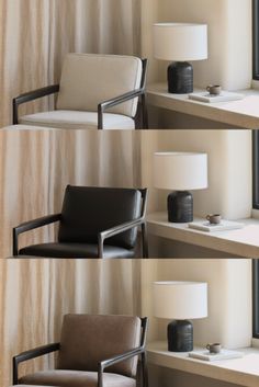 three different views of a chair and lamp on a shelf in front of a window