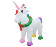 an inflatable unicorn with a wreath around its neck is shown on a white background